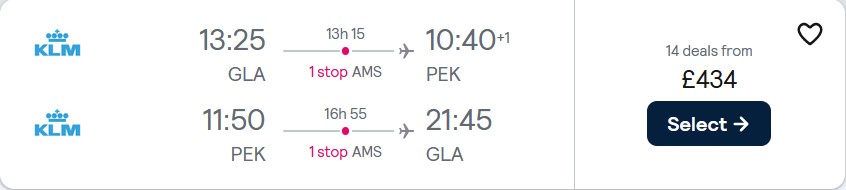 Cheap flights from Glasgow, Scotland to Beijing, China for only £434 roundtrip with KLM. Flight deal ticket image.