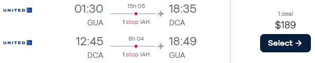 Cheap flights from Guatemala City, Guatemala to Washington DC, USA for only $189 USD roundtrip with United Airlines. Flight deal ticket image.