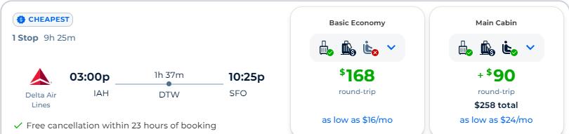 Summer flights from San Francisco to Houston, Texas for only $168 roundtrip with Delta Air Lines. Also works in reverse. Flight deal ticket image.