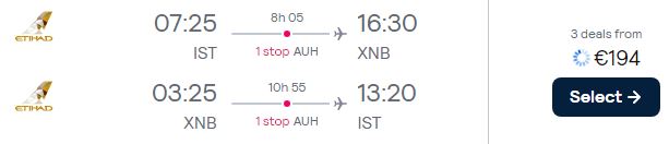 Cheap flights from Istanbul, Turkey to Dubai, UAE for only €194 roundtrip with Etihad Airways. Flight deal ticket image.