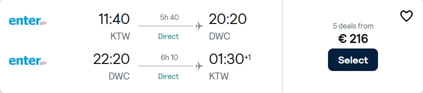 Non-stop flights from Katowice, Poland to Dubai, UAE for only €216 roundtrip. Flight deal ticket image.