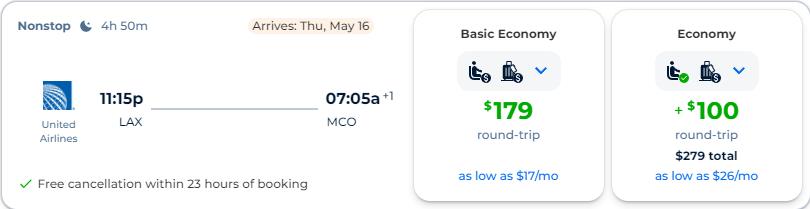 Non-stop flights from Los Angeles to Orlando, Florida for only $179 roundtrip with United Airlines. Also works in reverse. Flight deal ticket image.