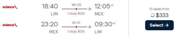 Cheap flights from Lima, Peru to Mexico City, Mexico for only $333 USD roundtrip with Avianca. Flight deal ticket image.