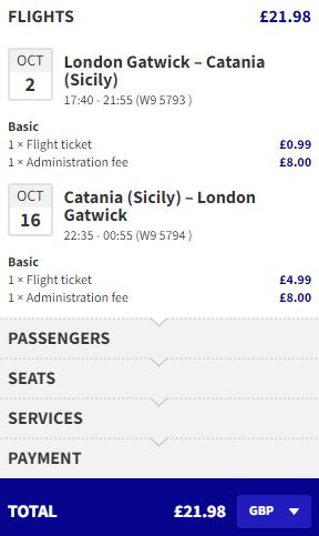 Non-stop flights from London, UK to Sicily for only £21 roundtrip. Flight deal ticket image.