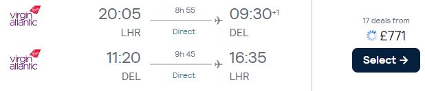 Error Fare Business Class flights from London, UK to Delhi, India for only £771 roundtrip with Virgin Atlantic. Flight deal ticket image.