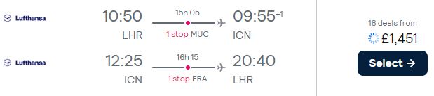Click here to book this cheap flight deal. Business Class flights from London, UK to Seoul, South Korea for only £1451 roundtrip with Lufthansa. Flight deal ticket image.