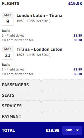 Non-stop flights from London, UK to Tirana, Albania for only £19 roundtrip. Flight deal ticket image.