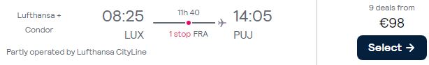 Last minute flights from Luxembourg to the Dominican Republic for only €98 one-way with Lufthansa. Flight deal ticket image.