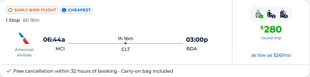 Cheap flights from Kansas City to Bermuda for only $280 roundtrip with American Airlines. Flight deal ticket image.