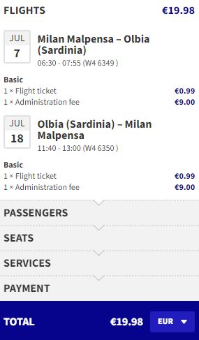 Summer, non-stop flights from Milan, Italy to Olbia, Italy for only €19 roundtrip. Flight deal ticket image.