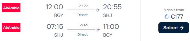 Non-stop flights from Milan, Italy to Sharjah, UAE for only €177 roundtrip. Flight deal ticket image.