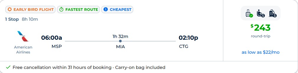 Click here to book this cheap flight deal. Cheap flights from Minneapolis to Cartagena, Colombia for only $243 roundtrip with American Airlines. Flight deal ticket image.