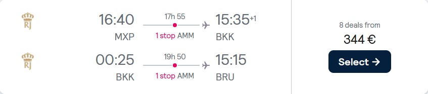 Open-jaw flights from Milan, Italy to Bangkok, Thailand returning to Brussels, Belgium for only €344. Flight deal ticket image.