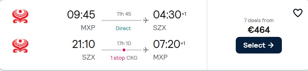 Cheap flights from Milan or Rome, Italy to Shenzhen or Chongqing, China from only €464 roundtrip with Hainan Airlines. Flight deal ticket image.