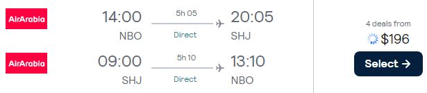 Non-stop, Christmas and New Year flights from Nairobi, Kenya to Sharjah, UAE for only $196 USD roundtrip. Also works in reverse (for $196 USD roundtrip). Flight deal ticket image.