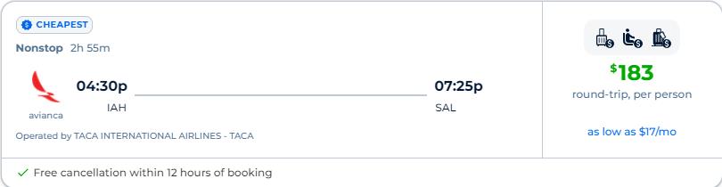 Click here to book this cheap flight deal. Non-stop flights from Houston, Texas to San Salvador, El Salvador for only $183 roundtrip with Avianca. Flight deal ticket image.