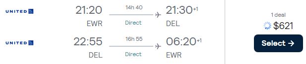 Non-stop flights from New York to Delhi, India for only $621 roundtrip with United Airlines. Flight deal ticket image.