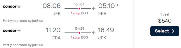 Premium Economy flights from New York to Frankfurt, Germany for only $540 roundtrip with JetBlue. Flight deal ticket image.