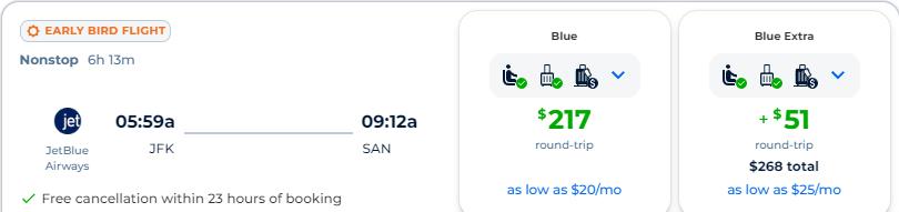 Non-stop flights from New York to San Diego for only $217 roundtrip with JetBlue Airways. Also works in reverse. Flight deal ticket image.
