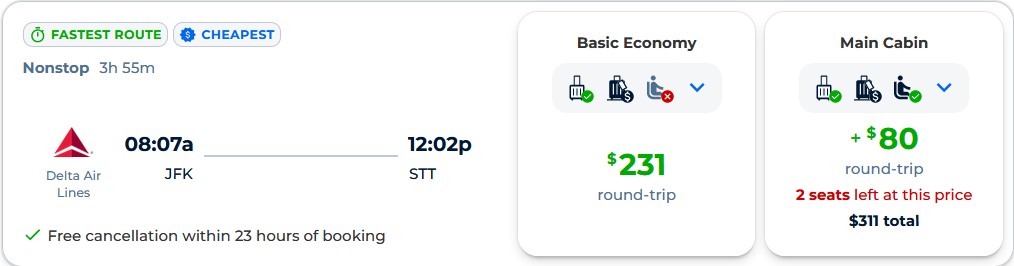 Non-stop flights from New York, USA to the US Virgin Islands for only $231 roundtrip with Delta Air Lines. Also works in reverse (for $231 USD roundtrip). Flight deal ticket image.
