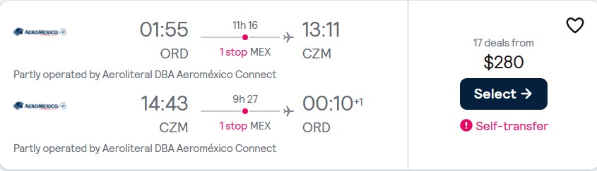Cheap flights from Chicago to Cozumel, Mexico for only $280 USD roundtrip with Aeromexico. Flight deal ticket image.