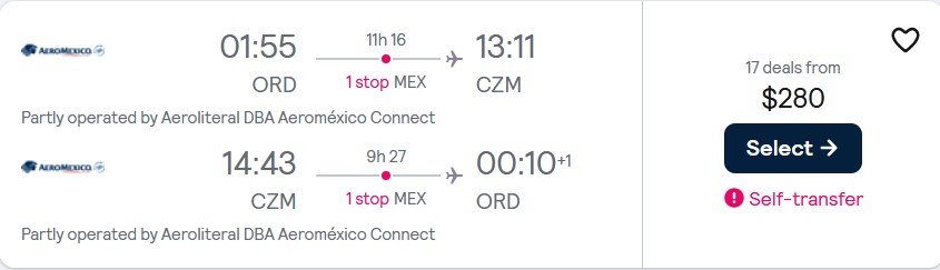 Click here to book this cheap flight deal. Cheap flights from Chicago to Cozumel, Mexico for only $280 USD roundtrip with Aeromexico. Flight deal ticket image.