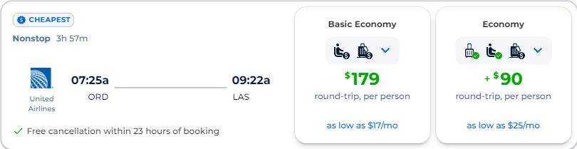 Non-stop, summer flights from Chicago to Las Vegas for only $179 roundtrip with United Airlines. Also works in reverse. Flight deal ticket image.
