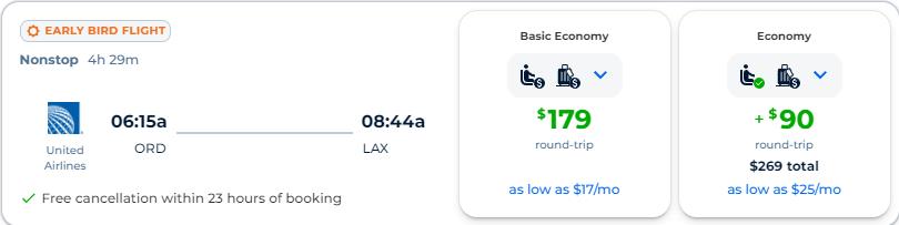 Non-stop flights from Chicago to Los Angeles for only $179 roundtrip with United Airlines. Also works in reverse. Flight deal ticket image.