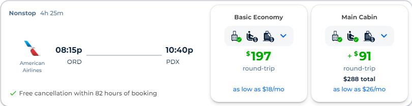 Non-stop, summer flights from Chicago to Portland, Oregon for only $188 roundtrip with American Airlines. Also works in reverse. Flight deal ticket image.