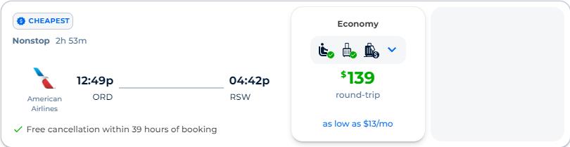 Non-stop flights from Chicago to Fort Myers, Florida for only $139 roundtrip with American Airlines. Also works in reverse. Flight deal ticket image.
