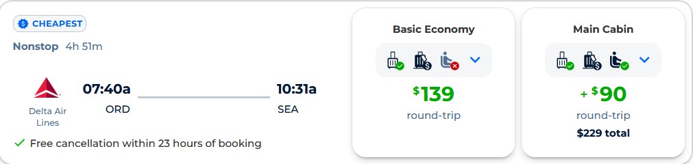 Non-stop flights from Chicago to Seattle for only $139 roundtrip with Delta Air Lines. Also works in reverse. Flight deal ticket image.