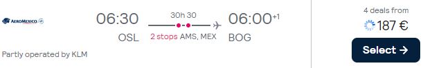 Cheap flights from Oslo, Norway to Bogota, Colombia or Lima, Peru from only €187 one-way with KLM and Aeromexico. Flight deal ticket image.