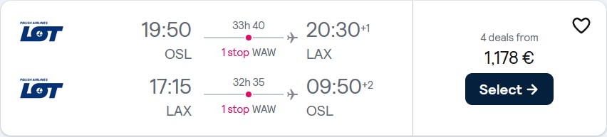Business Class flights from Oslo, Norway to Los Angeles, USA for only €1178 roundtrip with LOT Polish Airlines. Flight deal ticket image.