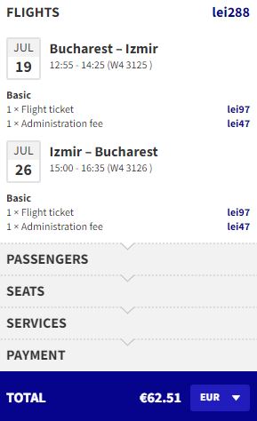 Summer, non-stop flights from Bucharest, Romania to Izmir, Turkey for only €62 roundtrip. Flight deal ticket image.