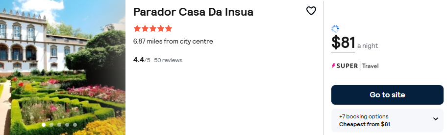 Click here to book this cheap flight deal. Stay at the 5* Parador Casa Da Insua in Penalva do Castelo, Portugal for only $81 USD per night. Flight deal ticket image.