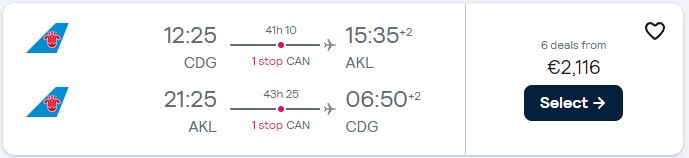 Business Class flights from Paris, France to Auckland, New Zealand for only €2116 roundtrip. Flight deal ticket image.