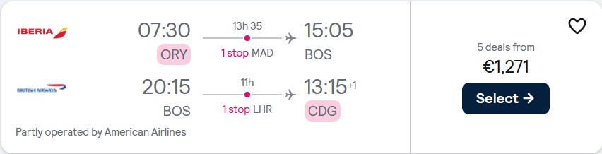 Business Class, Christmas and New Year flights from Paris, France to Boston, USA for only €1271 roundtrip with Iberia, American Airlines and British Airways. Flight deal ticket image.