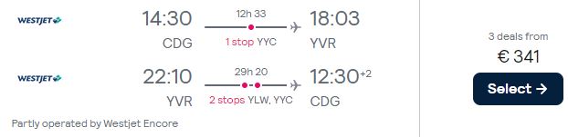 Cheap flights from Paris, France to Western Canada from only €341 roundtrip. Flight deal ticket image.