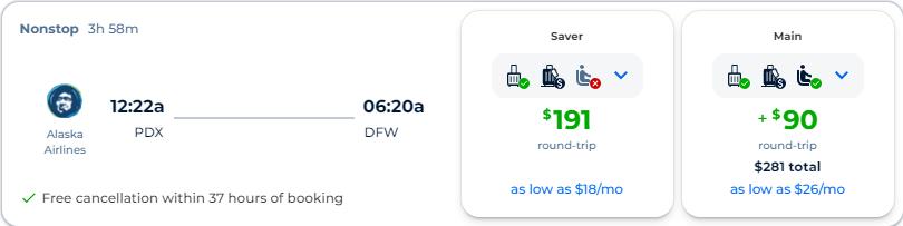 Non-stop, summer flights from Portland, Oregon to Dallas, Texas for only $191 roundtrip with Alaska Airlines. Also works in reverse. Flight deal ticket image.
