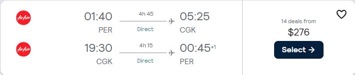 Non-stop flights from Perth, Australia to Jakarta, Indonesia for only $276 AUD roundtrip. Flight deal ticket image.