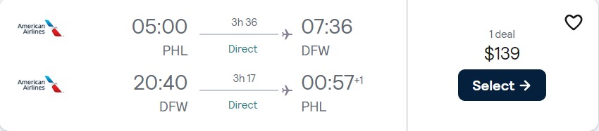Click here to book this cheap flight deal. Non-stop flights from Philadelphia to Dallas, Texas for only $139 roundtrip with American Airlines. Also works in reverse. Flight deal ticket image.