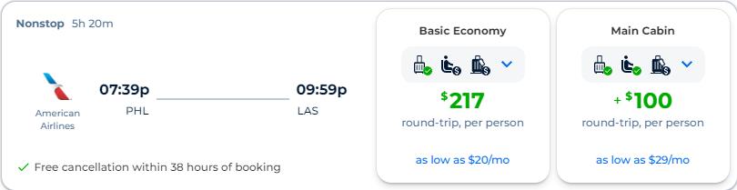 Non-stop flights from Philadelphia to Las Vegas for only $217 roundtrip with American Airlines. Also works in reverse. Flight deal ticket image.