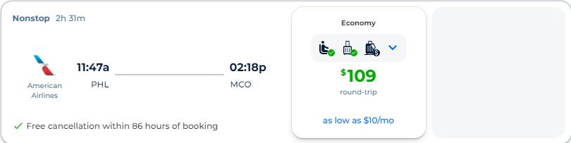 Non-stop flights from Philadelphia to Orlando, Florida for only $109 roundtrip with American Airlines. Also works in reverse. Flight deal ticket image.