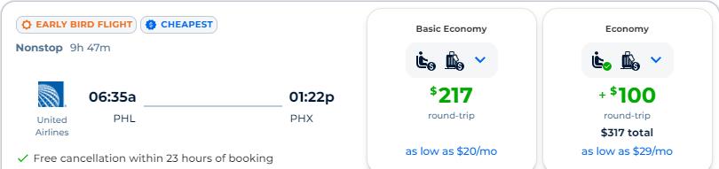 Cheap flights from Philadelphia to Phoenix, Arizona for only $217 roundtrip with United Airlines. Also works in reverse. Flight deal ticket image.