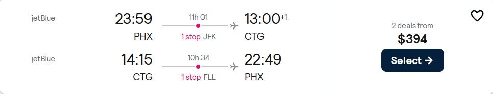 Cheap flights from Phoenix, Arizona to Cartagena, Colombia for only $394 roundtrip with JetBlue. Flight deal ticket image.