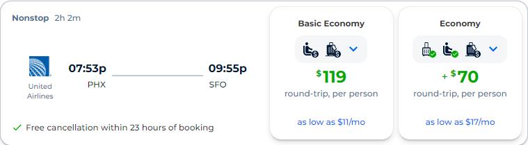 Non-stop, summer, Christmas and New Year flights from Phoenix, Arizona to San Francisco for only $119 roundtrip with United Airlines. Also works in reverse. Flight deal ticket image.