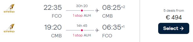 Cheap flights from Rome, Italy to Colombo, Sri Lanka for only €494 roundtrip with Etihad Airways. Flight deal ticket image.