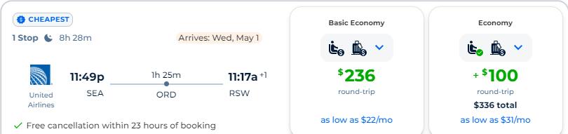 Cheap flights from Seattle to Fort Myers, Florida for only $236 roundtrip with United Airlines. Also works in reverse. Flight deal ticket image.
