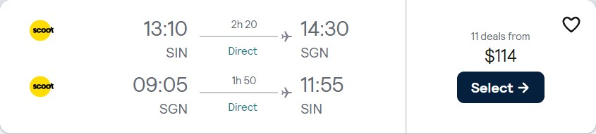 Non-stop flights from Singapore to Ho Chi Minh City, Vietnam for only $114 USD roundtrip. Flight deal ticket image.