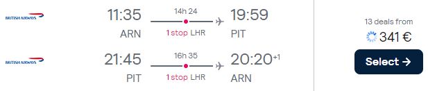 Click here to book this cheap flight deal. Cheap flights from Stockholm, Sweden to Pittsburgh, USA for only €341 roundtrip with British Airways and American Airlines. Flight deal ticket image.